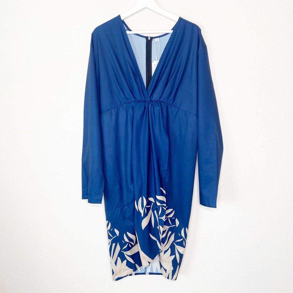 Navy Front Panel Faux Wrap Leaf Pattern Long Sleeved Ruched Navy Dress XXL NWT